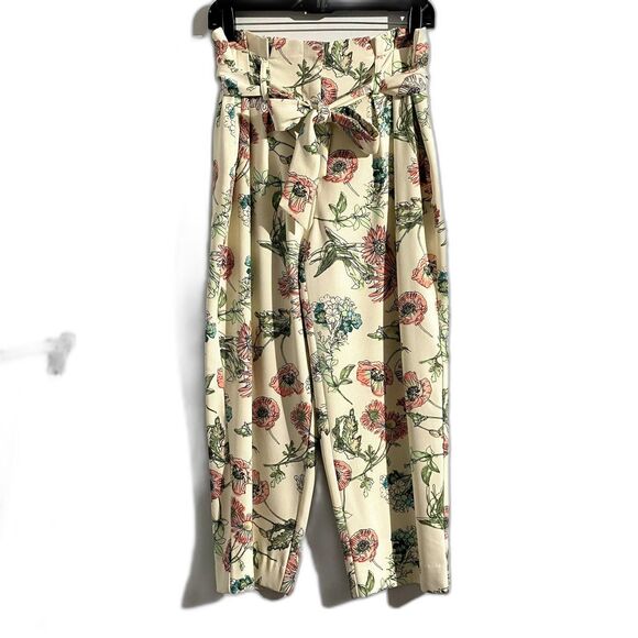 Kaari Blue Floral‎ Paperbag Pants Cream Pink Crop Taper Leg High Rise Size 4 - Picture 1 of 7